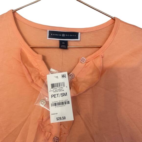 Karen Scott peach cream short sleeved ruffle front t shirt size petite small - Picture 4 of 6